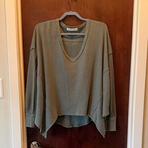 Free People Olive Green Waffle V-Neck Pullover